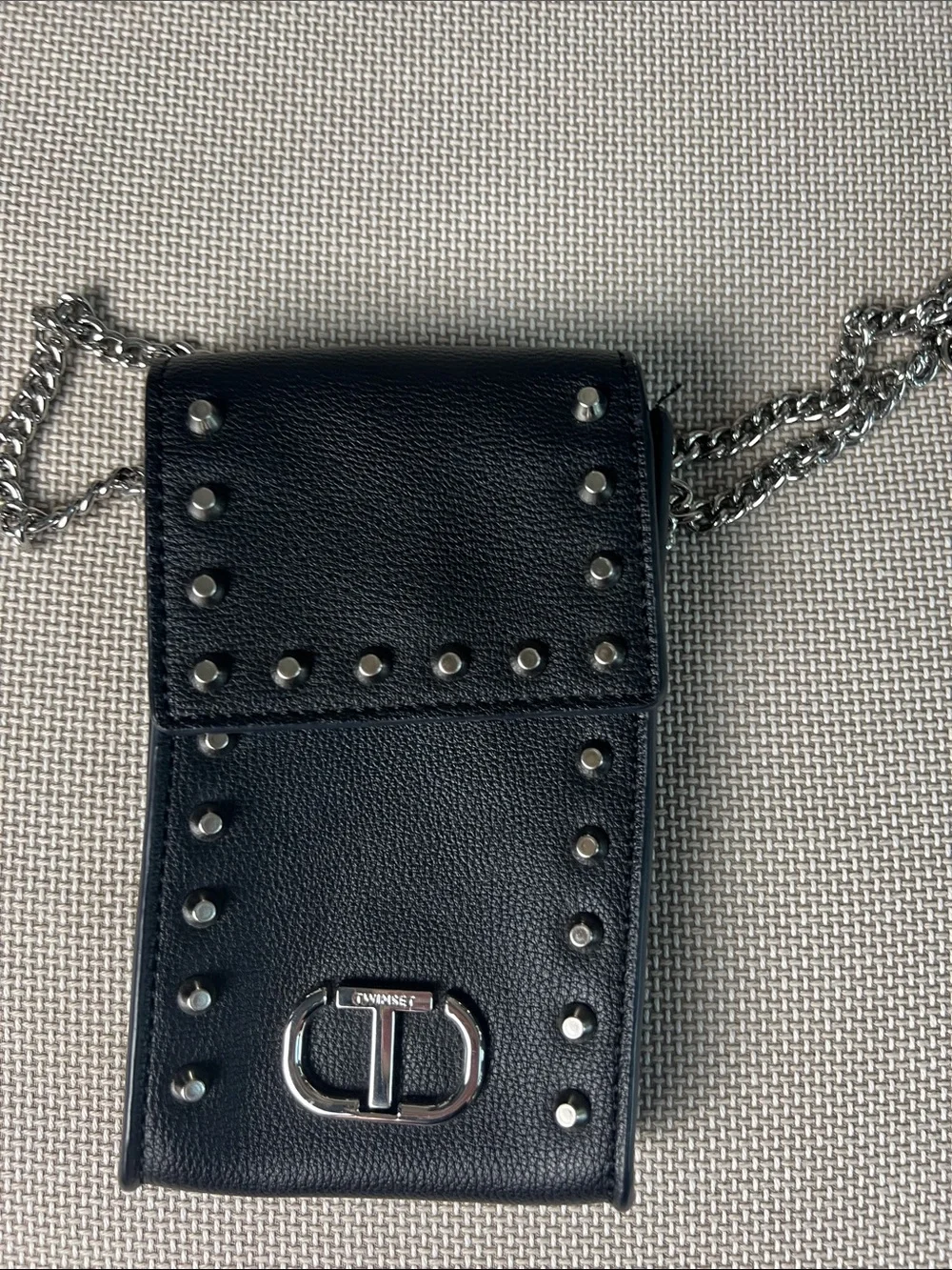 Twin-Set Black Leather Studded Crossbody Phone Case with Silver Chain